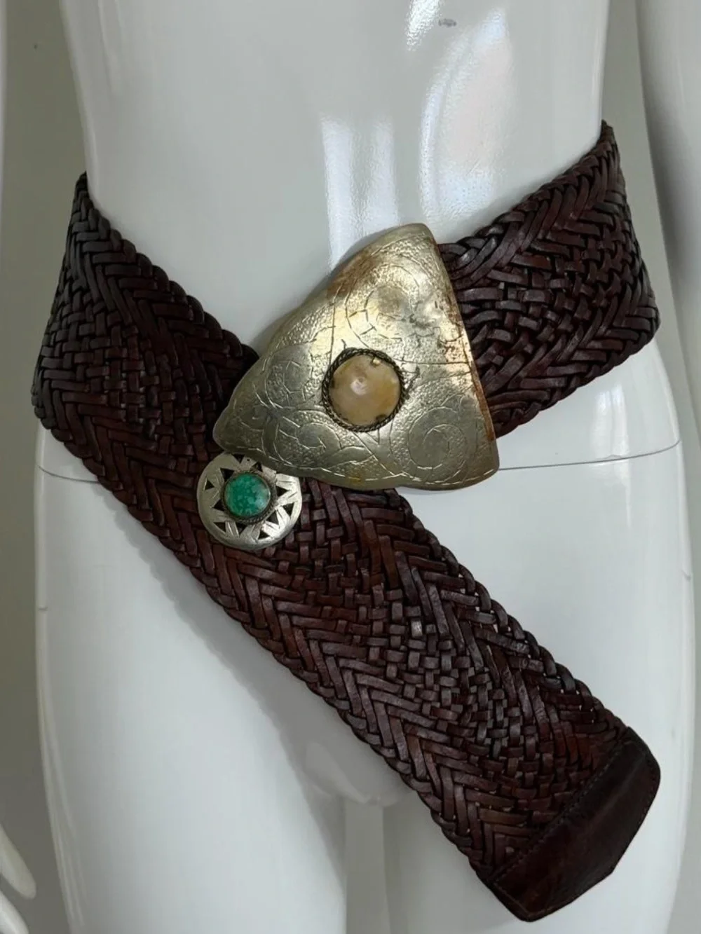 Vintage wide leather braided silver concho hip belt coral turquoise stones S-L